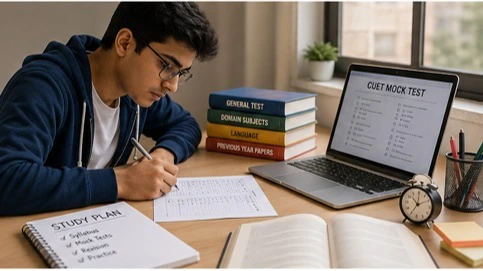 A student solving mock test papers with study materials and a laptop, showing focused preparation for the CUET examination.
